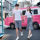 Couple Matching Lettering Short-sleeve T-shirt / Check Shorts / Midi Skirt