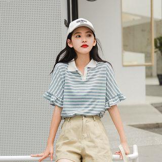 Elbow-sleeve Frill Trim Striped Polo Shirt