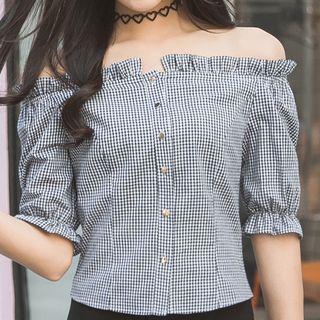Elbow-sleeve Off Shoulder Check Shirt