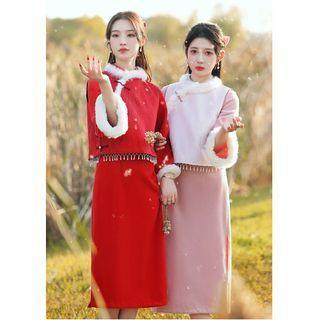 Set: Bell-sleeve Midi Qipao + Frog-button Fringed Vest