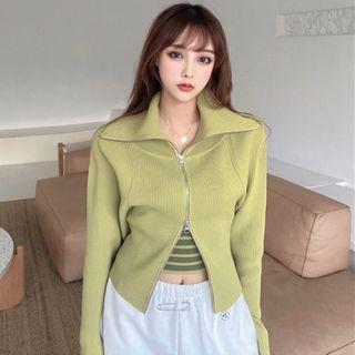 Long-sleeve Zip-up Knit Top / Striped Tube Top