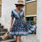 Floral Short-sleeve V-neck Ruffle Hem A-line Dress