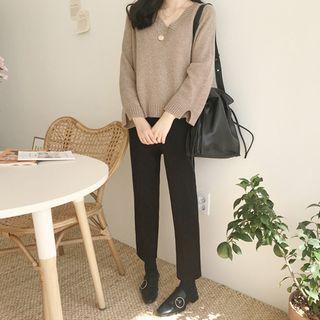 V-neck Slit-cuff Wool Blend Knit Top Cocoa - One Size