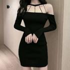 Long-sleeve Off-shoulder Strappy Knit Mini Bodycon Dress Black - One Size