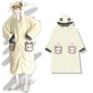 Ear Accent Hooded Midi Fleece Robe Robe - One Size