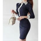 3/4-sleeve Contrast-trim Checked Dress