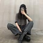 Plain Loose-fit Short-sleeve T-shirt / High-waist Pants