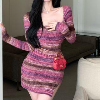 Long-sleeve Square-neck Striped Knit Mini Bodycon Dress Purple - One Size