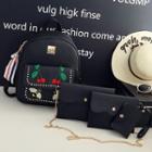 Faux-leather Embroidery Backpack Set