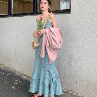 Spaghetti Strap Plaid Ruffle Hem Maxi A-line Dress