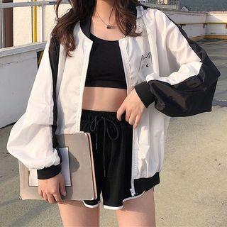 Cat Print Two-tone Zip-up Jacket