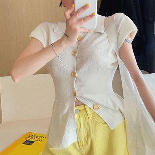 Short-sleeve Knitted Button-up Cardigan Collar T-shirt