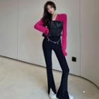 Puff-sleeve Faux Leather Smocked Top / Slit Boot Cut Pants