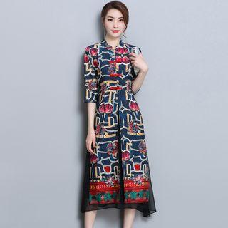 Patterned 3/4-sleeve Midi A-line Dress
