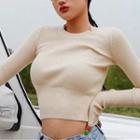 Long Sleeve Plain Ribbed-knit Crop Sweater