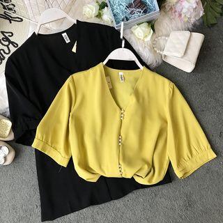 V-neck Faux-pearl Chiffon Blouse