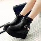 Lace Panel Buckled Platform Ankle Boots