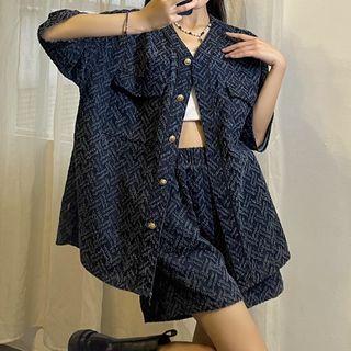 Set: Elbow-sleeve Single-breasted Denim Jacket + Shorts