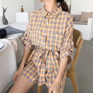 Set: Plaid Elbow-sleeve Shirt + Shorts