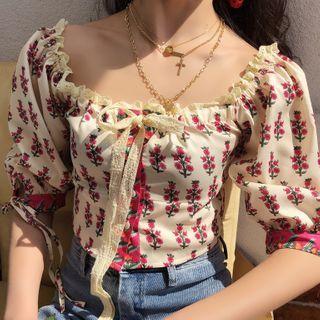 Print Square-neck Lace Long-sleeve Blouse