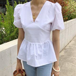 V-neck Short-sleeve Open Back Peplum Blouse