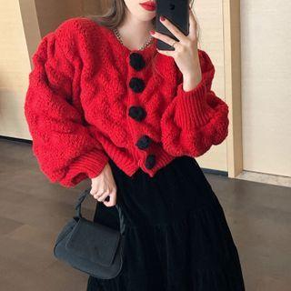 Bubble-sleeve Flower-button Knit Cardigan