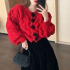 Bubble-sleeve Flower-button Knit Cardigan