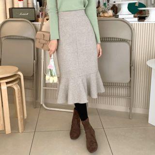 Band-waist Checked Mermaid Skirt Light Beige - One Size