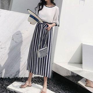 Set: Elbow-sleeve Contrast Trim Chiffon Blouse + Striped Cropped Wide-leg Pants