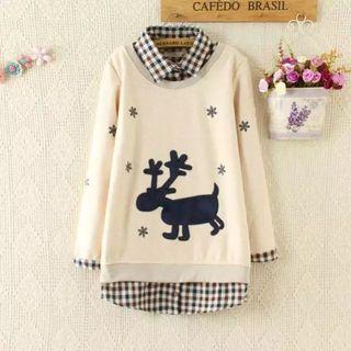 Mock Two Piece Deer Applique Gingham Panel Pullover