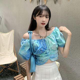 Puff-sleeve Tie-dye Print Cropped Blouse Tie-dye - Blue & Green - One Size