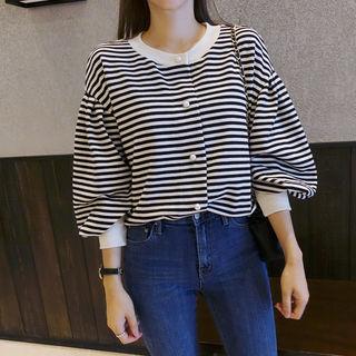 Puff-sleeve Striped Cardigan Black - One Size
