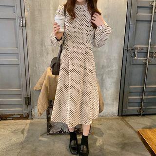 Long-sleeve Heart Print Midi A-line Dress Almond - One Size