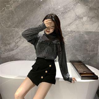 Long Sleeve Frilled Trim Glittered Top
