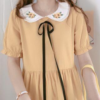 Balloon-sleeve Floral Embroidered A-line Dress Yellow - One Size