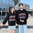Couple Matching Houndstooth Heart Pattern Polo Sweater