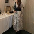 Set: Midi Floral A-line Dress + Faux Leather Vest