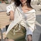 Plain Lace-up Loose-fit Long-sleeve Blouse