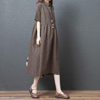 Short-sleeve Collar Plaid Midi Smock Dress