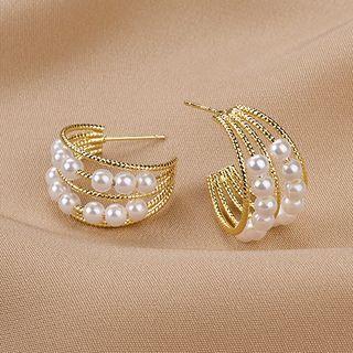 Faux Pearl Mini Open Hoop Earring 1 Pair - Qr-244 - Gold - One Size