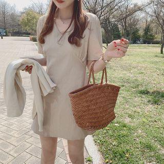 Plain Short-sleeve V-neck Mini A-line Dress