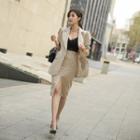 Pinstripe Linen Blend Formal Blazer & Skirt Set