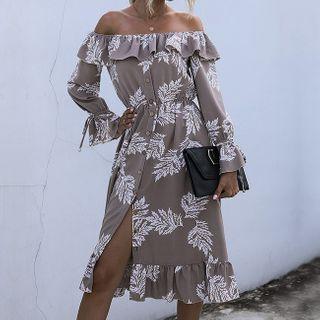 Long-sleeve Print Off-shoulder Midi Dress