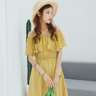Striped Off-shoulder A-line Midi Dress
