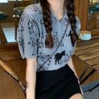 Short-sleeve Animal Jacquard Knit Top Top - Horse - Gray - One Size