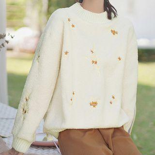 Embroidered Long-sleeve Sweater As Shown In Figure - One Size