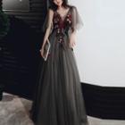 Flutter Sleeve Floral Embroidered Mesh A-line Evening Gown