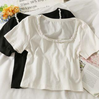 Beaded-neckline Slim-fit Crop T-shirt
