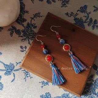 Ceramic Bead Tassel Dangle Earring 1 Pair - C-513 - Red & Blue - One Size