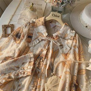 Floral Eyelet Long-sleeve Tie-neck Blouse